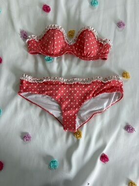 Victorias Secret Polka Dot Ruffle Bikini Top in Coral and White